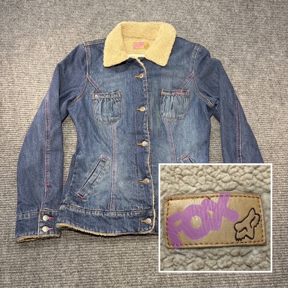 Fox Racing Womens Denim Jacket Faux Shearling Lined Pink Stitching Blue XL Y2K